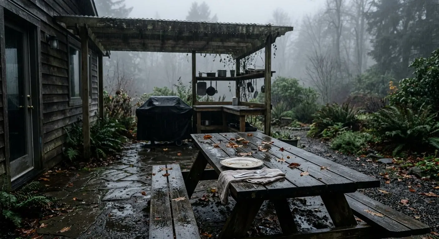 Patio sous la pluie fine et le brouillard d'automne