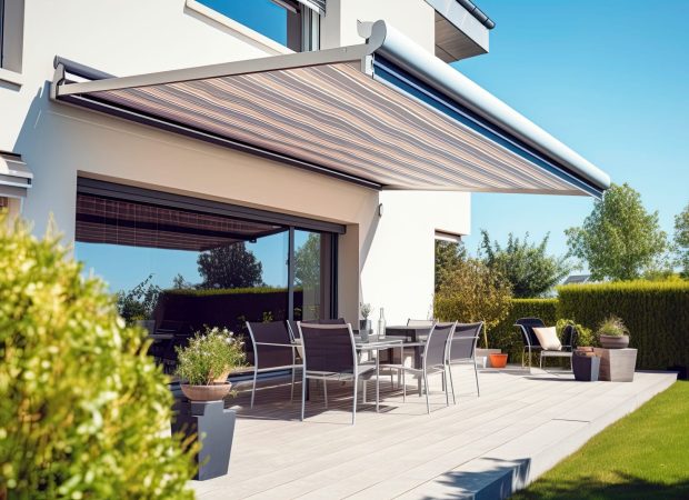 Auvent rétractable motorisé sur terrasse dans arrière-cour